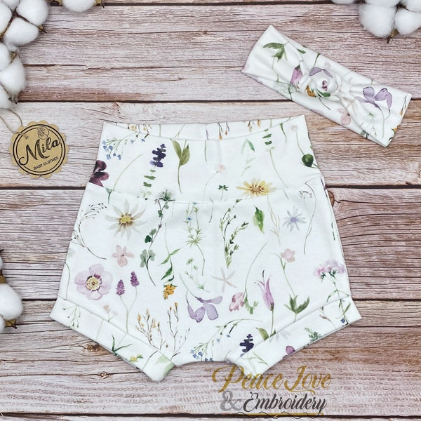 Wild Flowers High Waisted Bummies, Organic Baby Bloomer, Flowery Baby/Toddler Shorts, Lavender Baby Bummies, Baby Clothes, Cute Diaper Cover