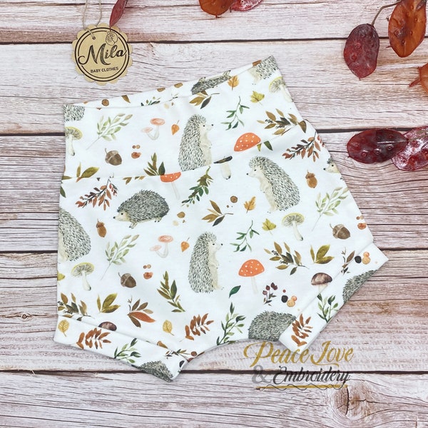 Hedgehog High Waisted Bummies, Organic Baby Bloomer, Fall Baby and Toddler Shorts, Diaper Cover, Fall Baby Bummies, Thanksgiving Bummies