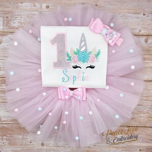 Unicorn Birthday Outfit, Unicorn Birthday Shirt, Unicorn Tutu with Pompoms, Unicorn First birthday, 1st Birthday Unicorn, Pompom Skirt