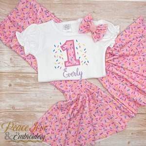Donut Birthday Outfit: Sprinkles Bell Bottom Pants, Personalized First Birthday