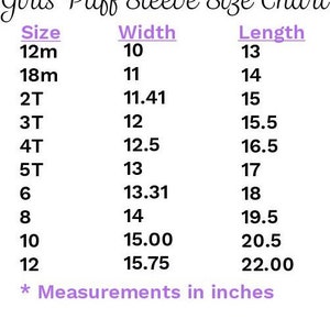 May include: A size chart for girls' puff sleeves, showing measurements in inches for width and length. The chart includes sizes from 12 months to 12 years.