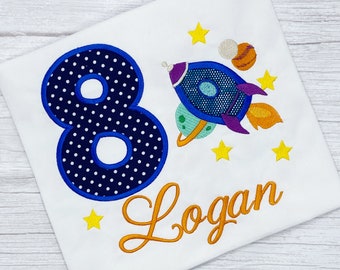 Embroidered Rocket Ship Birthday Shirt: Personalized Outer Space Outfit