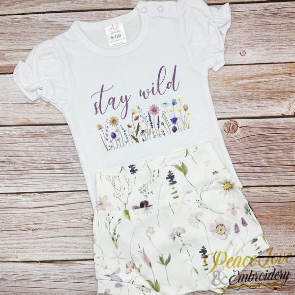 Stay Wild High Waisted Bummie Outfit, Wild Flower Baby Outfit , Flowery Baby/Toddler Shorts, Lavender Baby Bummie, Stay Wild Toddler Outfit