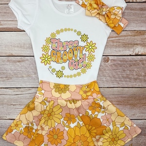 Three Groovy Girl Skirted Bummie Outfit, Fall Birthday outfit, Groovy Toddler Skirt Outfit, Fall Third Birthday, Hippie Toddler Birthday