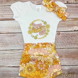 Two Groovy Girl High Waisted Bummie Outfit, Fall Baby Birthday outfit, Two Groovy Baby, Fall Second Birthday, Hippie Toddler Birthday Outfit