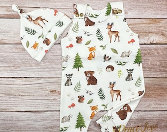 Woodland Animals Baby Romper, Organic Baby Clothes, Fall Baby Romper, Thanksgiving Baby Romper, Baby Harem Romper, Trendy &  Modern Baby