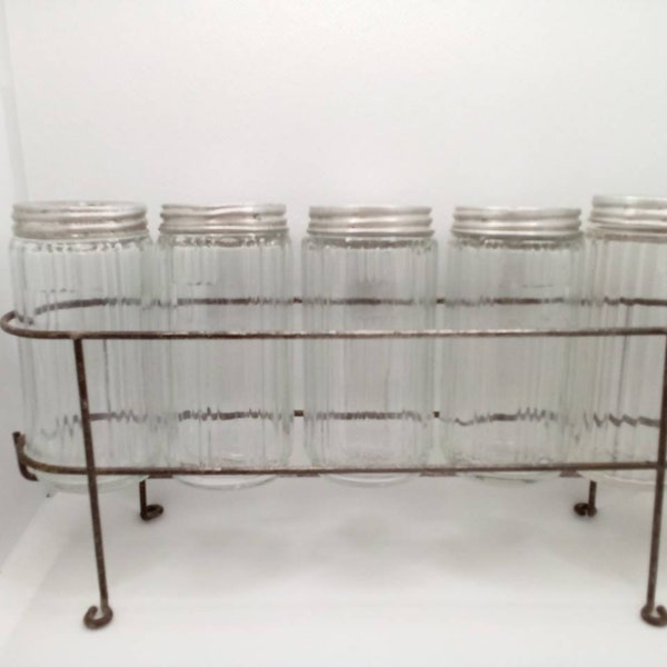 Vintage Hoosier Spice Jars With Oval Wire Spice Jar Rack/Stand