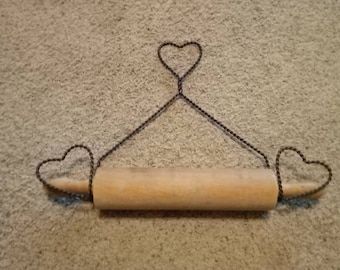 Vintage Twisted Wire Rolling Pin Holder with Hearts and Wood Rolling Pin