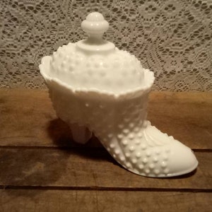 Vintage White Milk Glass Hobnail Fenton Lidded Shoe/Boot