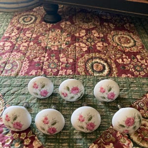 Vintage Porcelain Cabinet Knob White With Pink Roses & Sage Green Stems Drawer Pull