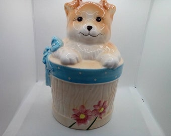 Vintage Ceramic Dog In Basket/Bucket Bank Taiwan