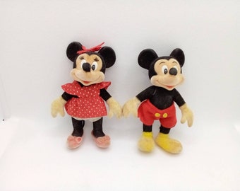 Adorable Vintage Small Velvet Fur/Jointed Minnie Mickey Mouse Dolls