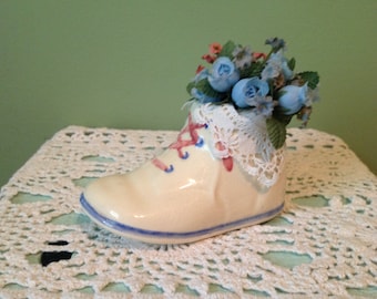 Adorable Ceramic Vintage Baby Shoe with Hankie and Flowers