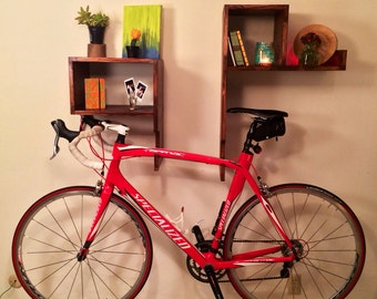 Wood Bike Rack on Wall with Shelf and Cubby Unique Handmade Wall Mount//SALE ENDS FEB 14th!