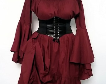 Renaissance Chemise Dress Trumpet Sleeves Long Tiered Cotton Pirate Medieval Elvin