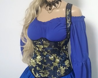 Renaissance Chemise Blouse Pirate Medieval Peasant Top Steampunk Bell Sleeve Off Shoulder Royal Blue S  2XL