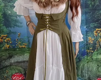 Renaissance Corset Dress: Faux Suede Surcoat, Cotton Chemise & Fur Mantle