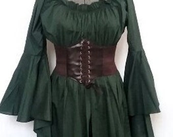 READY TO SHIP Renaissance Chemise Dress Trumpet Sleeves Long Tiered Cotton Pirate Medieval Elvin Green