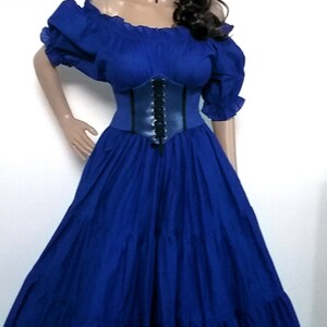 May include: A blue off-the-shoulder dress with a black corset and a tiered skirt.