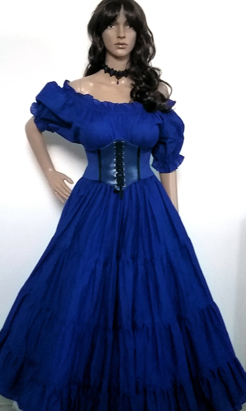 May include: A blue off-the-shoulder dress with a black corset and a tiered skirt.