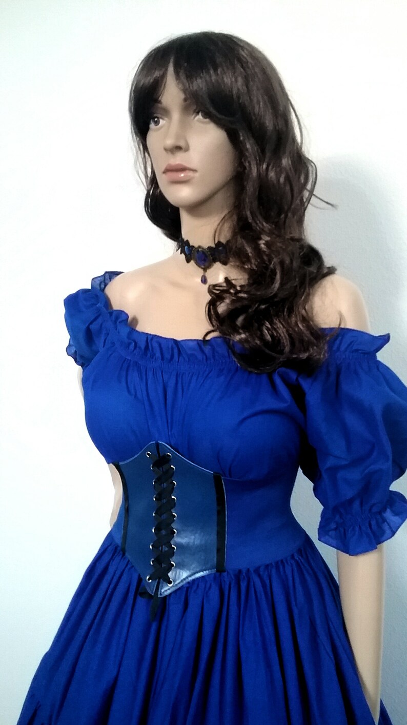 May include: A blue off-the-shoulder dress with a black lace-up corset and a blue gemstone necklace.