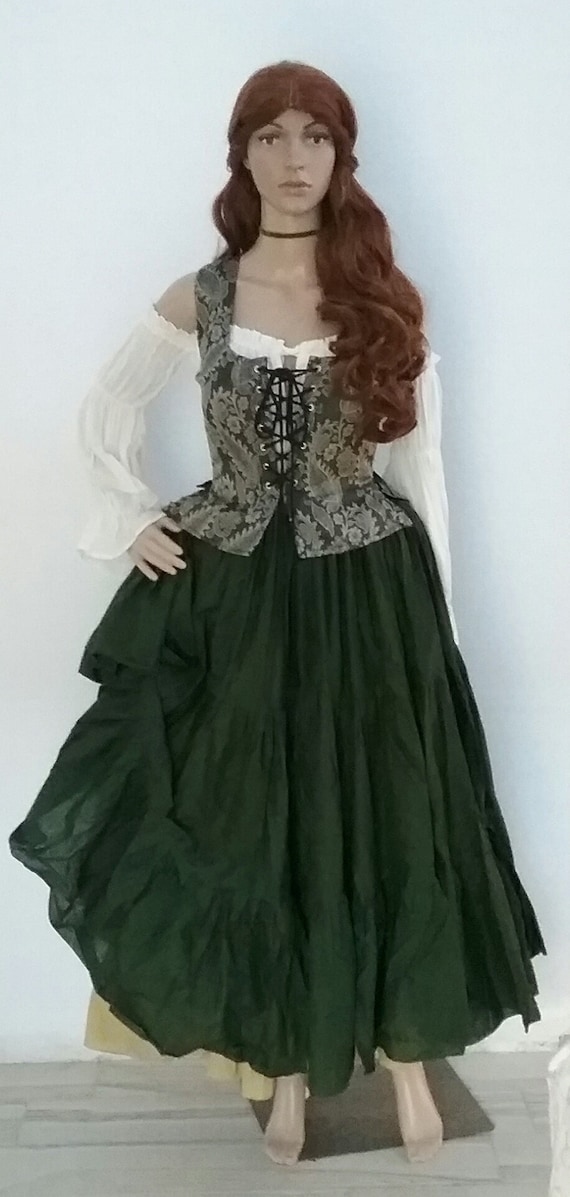 Renaissance Dress: Brocade Bodice, Olive Green Skirt, Chemise Blouse - Size S
