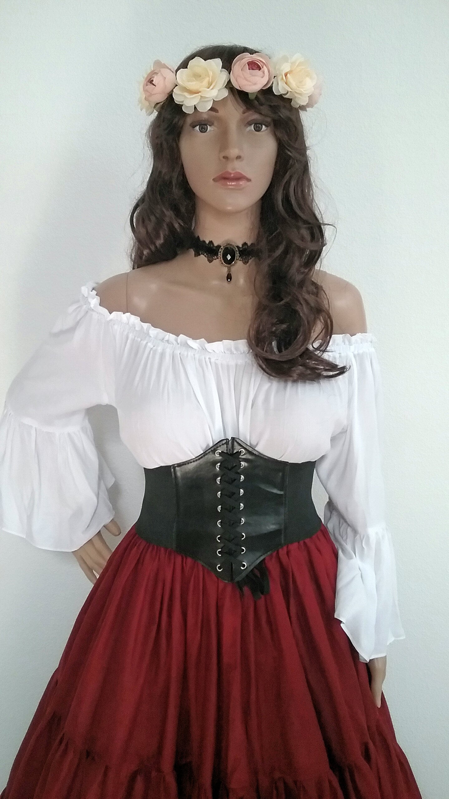 Renaissance Dress Pirate Corset Gypsy Black Chemise Waist Cincher 3 Pcs  Maroon Wench Steampunk Costume Medieval Halloween 