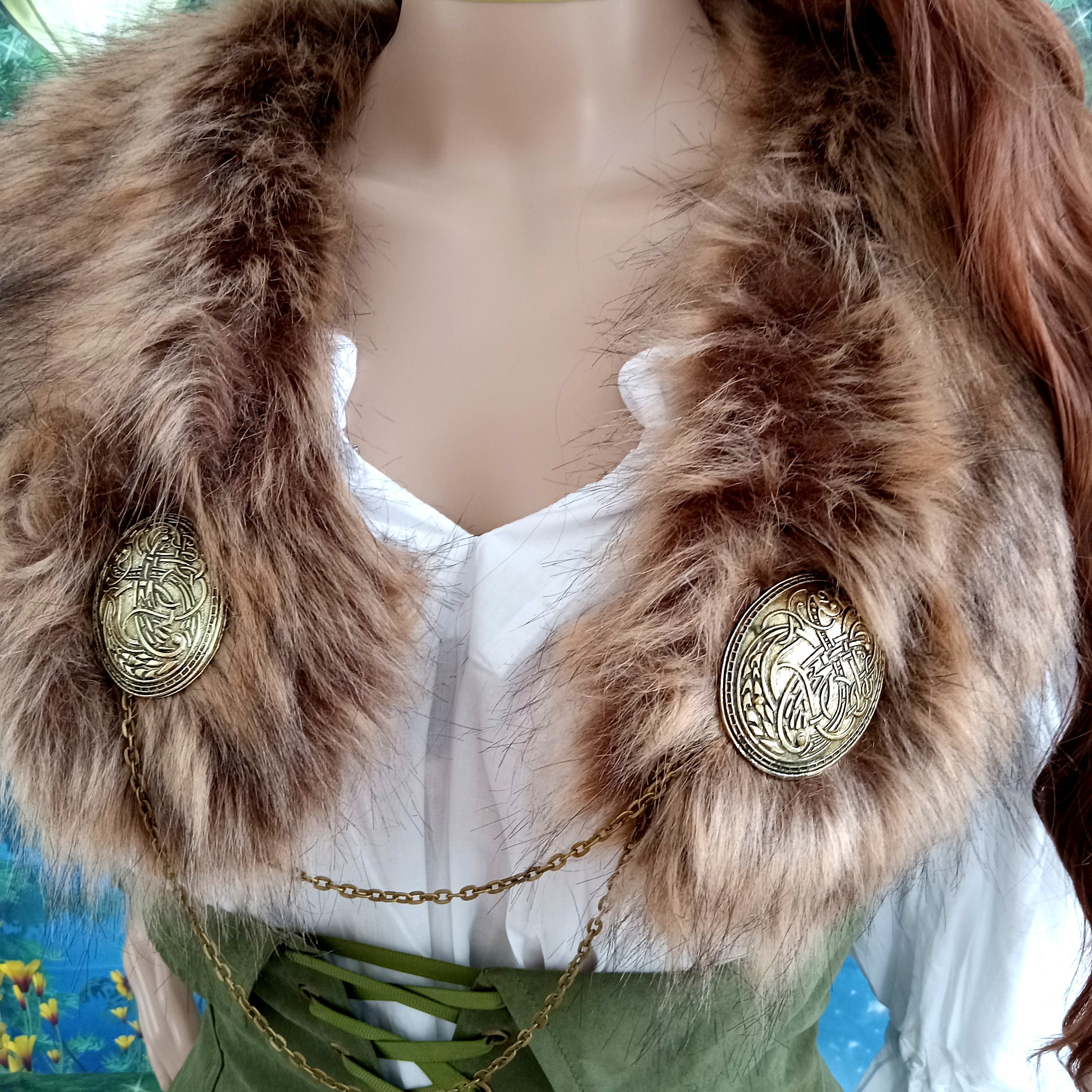 Viking Fur Stole & Brooches With Chains Mantle, Medieval 