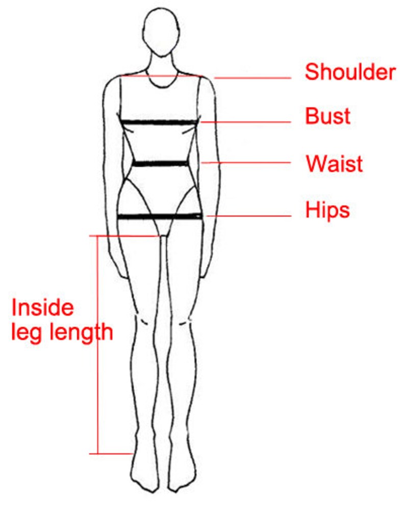 K&ouml;nnte beinhalten: Eine Strichzeichnung einer Mannequin-Figur mit beschrifteten K&ouml;rperma&szlig;en: Schulter, Brust, Taille, H&uuml;fte und Innenbeinl&auml;nge. Die Ma&szlig;e werden durch horizontale Linien &uuml;ber dem K&ouml;rper und eine vertikale Linie f&uuml;r die Beinl&auml;nge angezeigt.