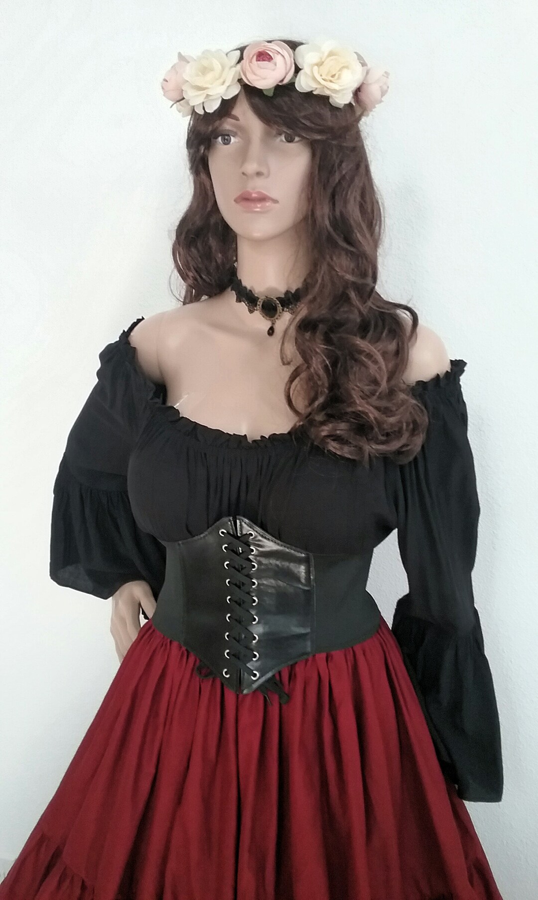 Blouse Renaissance Femme - Manches Courtes, Hors épaule, Style Médiéval Pirate, Coupe Slim, Taille XXL, Couleur Beige - 7