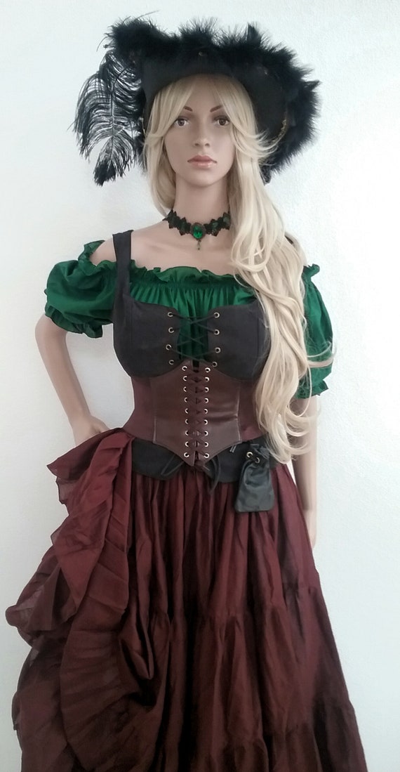Costume Pirate Femme 3 Pièces - Corset, Haut Et Jupe Médiévale - Pour Halloween Et Carnaval