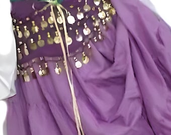 May include: A costume ensemble featuring a green corset with gold trim and lacing, paired with a flowing purple skirt adorned with gold coin accents. A white blouse is visible beneath the corset.