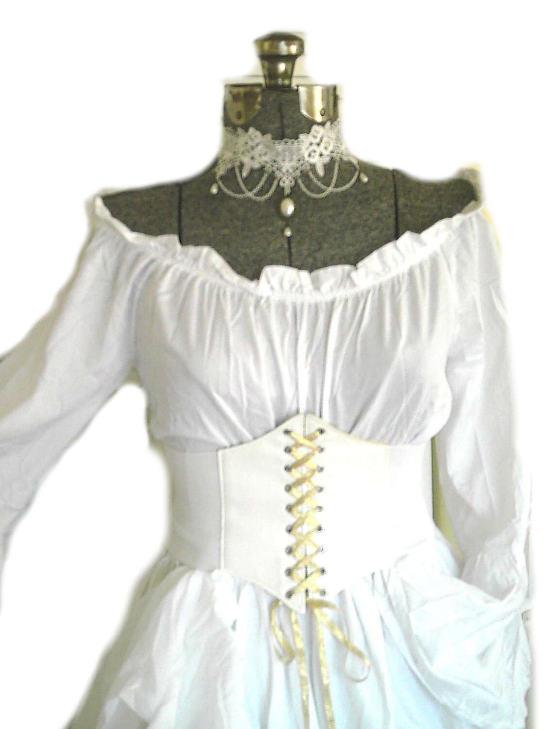 Renaissance Dress Wedding Gown Corset Chemise Pirate Medieval LARP Costume White 