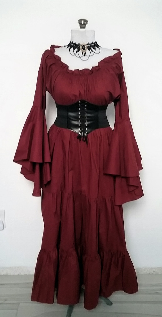 READY TO SHIP Renaissance Chemise Dress Trumpet Sleeves Long Tiered Cotton Pirate Medieval Elvin Green