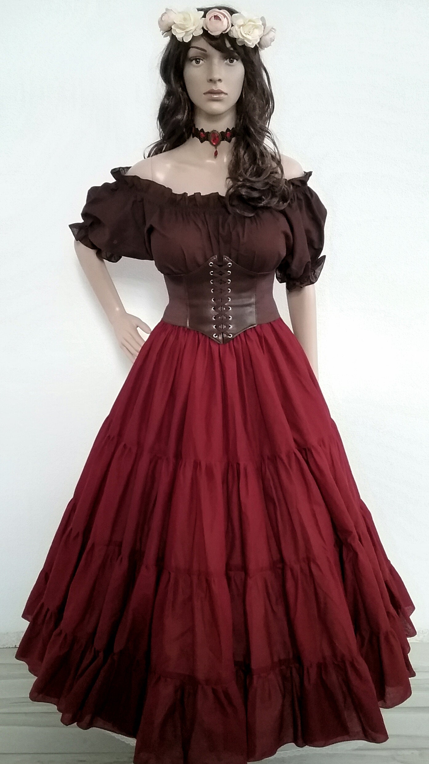 Kasahara Conjunto De Ropa Medieval Para Mujer De 5 Piezas: Vestido Con Hombros Descubiertos, Corsé, Riñonera Y Cinturón, Disfraz Renacentista Victoriano