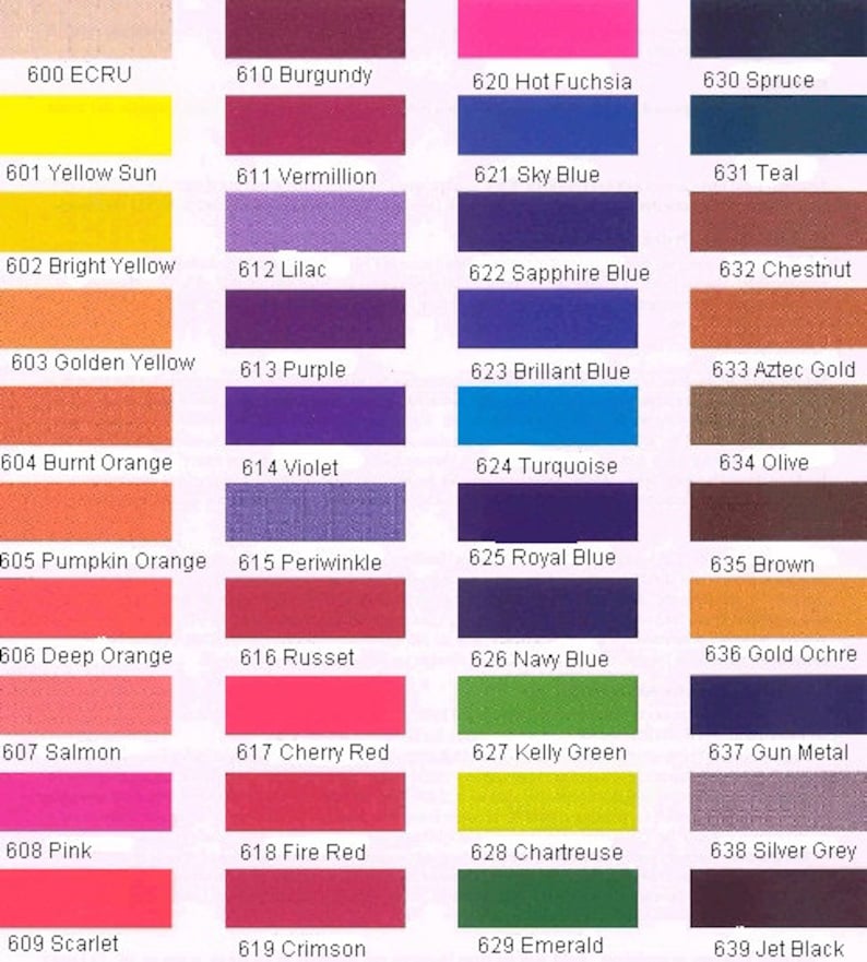 May include: A color chart with 10 rows and 10 columns of color swatches. Each swatch is labeled with a number and a color name. The colors range from light to dark and include shades of yellow, orange, red, purple, blue, green, brown, and black.
