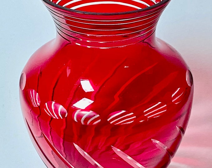 Vintage Ruby Red Cut Glass Vase Etsy