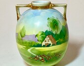 Antique Nippon Morimura Hand Painted Amphora Form Vase with Cottage Scene and Red Flowers. 1911-1921. Minor Wear on Handles.