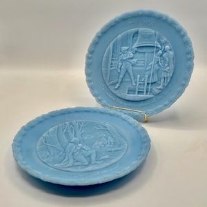 2 Vintage Fenton Bicentennial Blue Satin Glass Plates