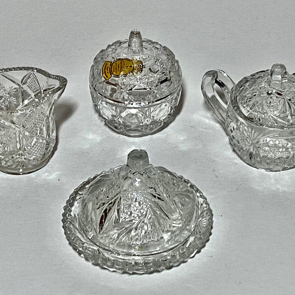 4 Pieces of Vintage Imperlux Handcut Lead Crystal Children’s Butter Dish, Creamer and 2 Sugar Bowls