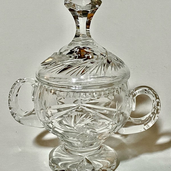 Vintage Elaborate Cut Crystal Sugar Bowl with Lid and Double Handles