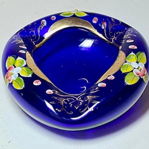 Vintage Cobalt Blue Bohemian Czech Hand Blown and Hand Painted 5” Wide Ash Tray/Trinket Dish.  Beautifully Hand Painted Floral Design.