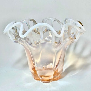 Mid-century Duncan Miller Large Pink Opalescent Open Lace Edge Bowl