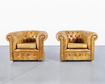Vintage English Leather Chesterfield Club Chairs