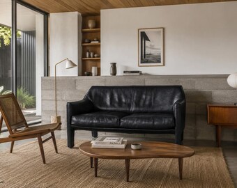 Vintage Black Leather Cab 415 Settee by Mario Bellini for Cassina