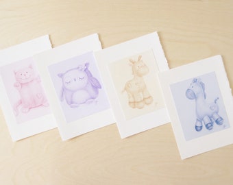 Set of eight 5x7 cards - Greetings cards with plush toy drawings - Nursery Wall Art