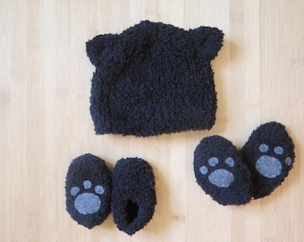 Black Cat Newborn Set - Baby Cat Hat, mittens and slippers - Black cat baby shower gift