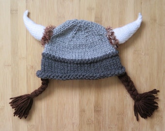 Viking Hat with braids - Knitted Viking Hat - Knit Viking Hat with braids, horns and fur - Custom size and color