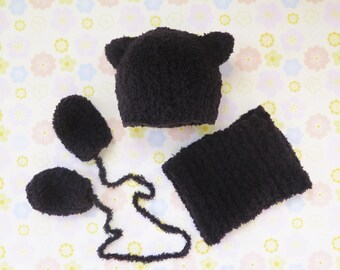 Baby Cat Hat, Mittens and Neck Warmer Set - Knitted cat hat with cowl and thumbless baby mittens