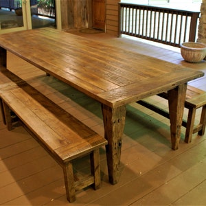 Reclaimed Hand Hewn Tapered leg Farm table with Bench Set